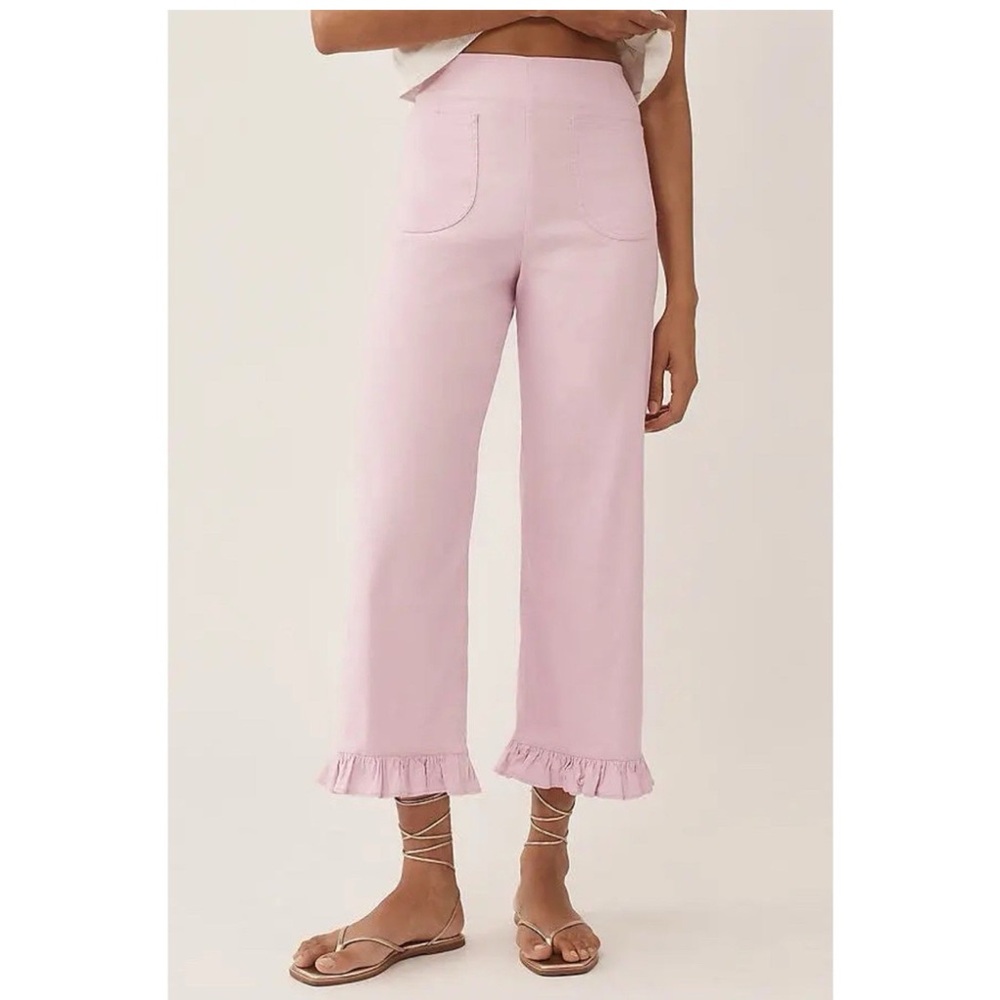 Anthropologie Maeve Colette Pink Ruffle-Hem Wide-Leg Cropped Pants